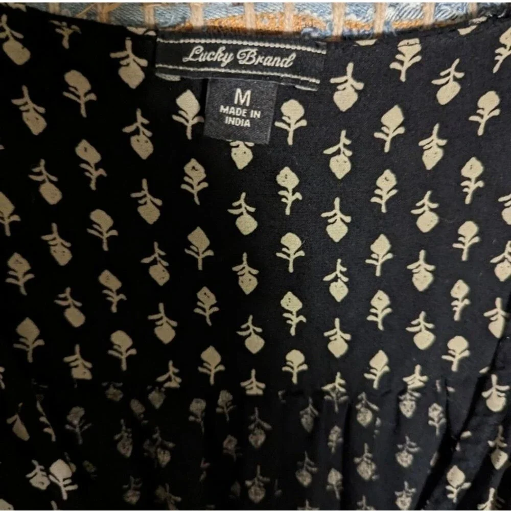 Lucky Brand Jumpsuit M Black Tan Ditzy Floral Pattern Pull On Pockets